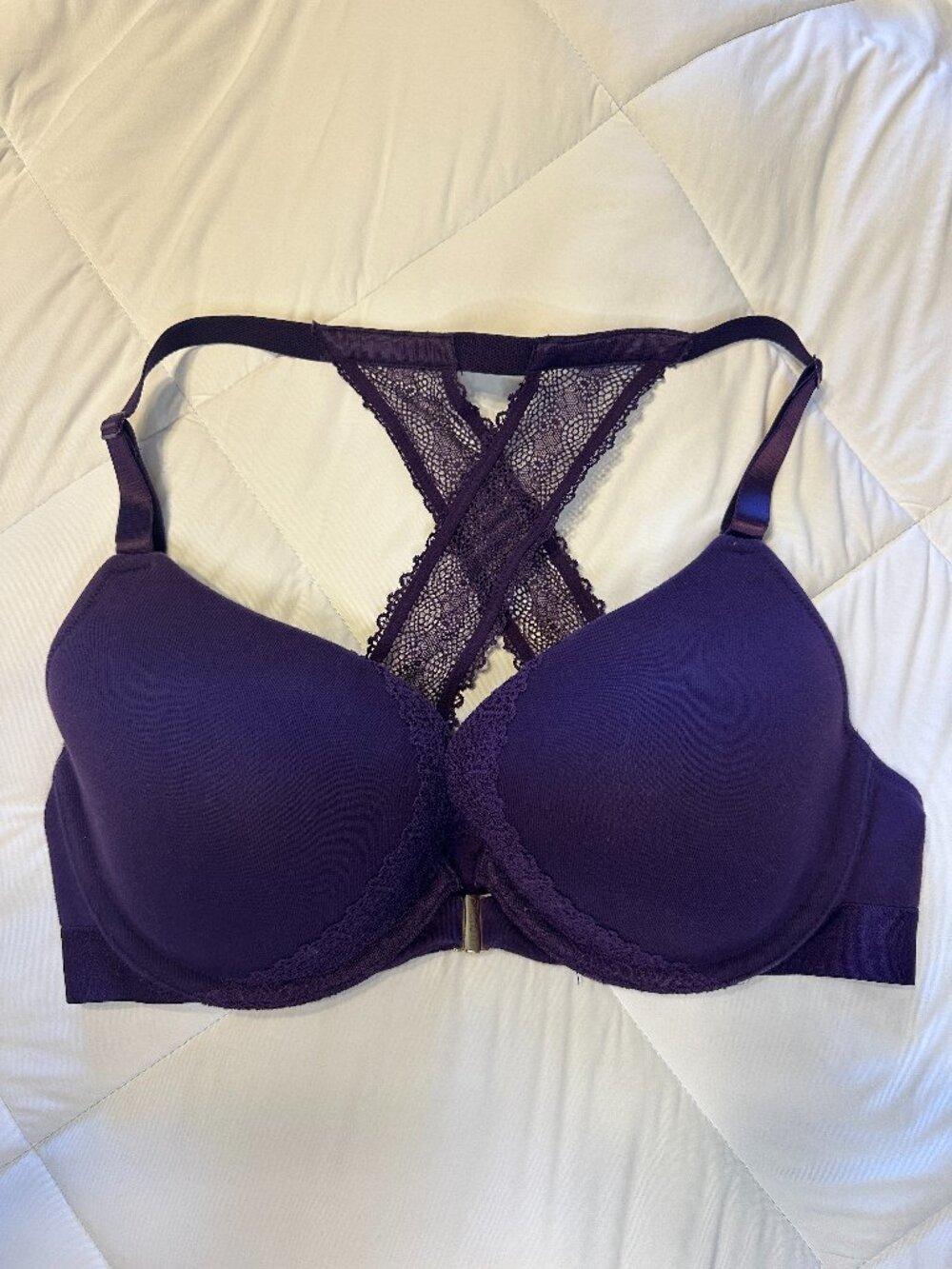 Cacique 38D Purple Front Close Lace Racerback Plunge Bra Cotton Underwire